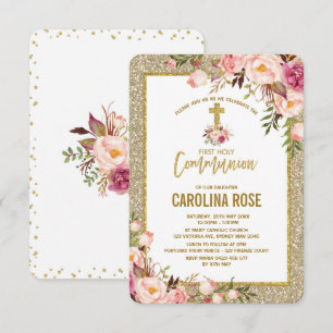 Gold Glitter Blush Floral Holy Communion Baby Girl Invitation