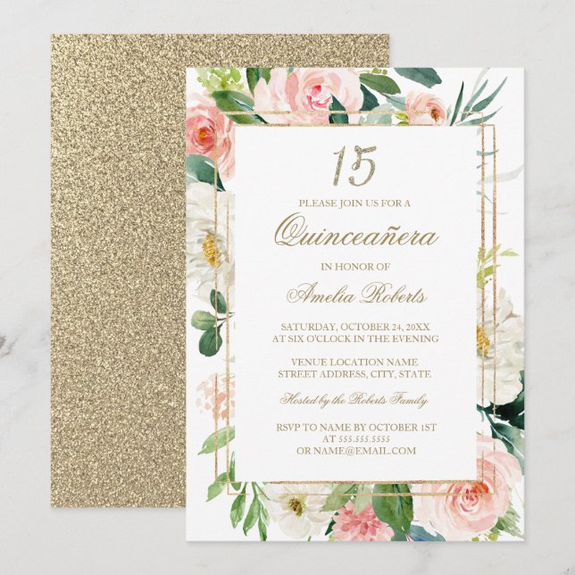 Gold Glitter Blush Floral Quinceanera Invitation (Front/Back)