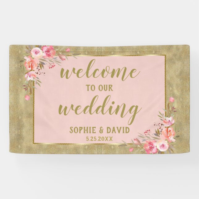 Gold Glitter Blush Floral Wedding Welcome Sign (Horizontal)