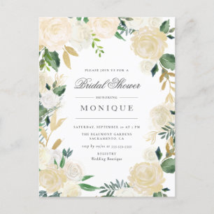 Gold Glitter & Blush Ivory Floral Bridal Shower Invitation Postcard