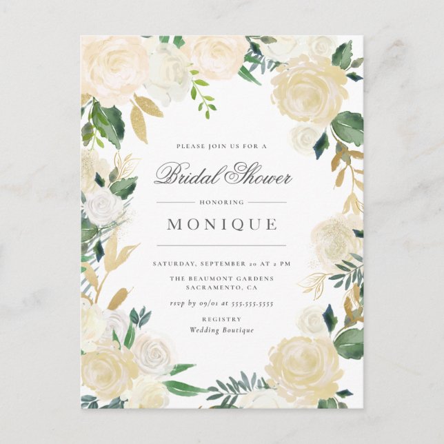 Gold Glitter & Blush Ivory Floral Bridal Shower Invitation Postcard (Front)