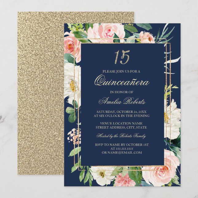Gold Glitter Blush Navy Floral Quinceanera Invitation (Front/Back)