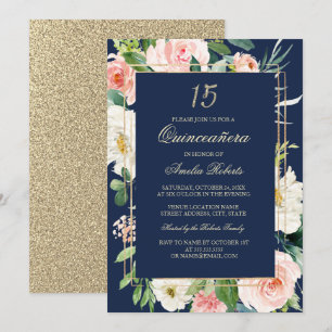 Gold Glitter Blush Navy Floral Quinceanera Invitation