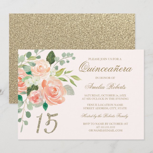Gold Glitter Blush Peach Floral Quinceanera Invitation (Front/Back)