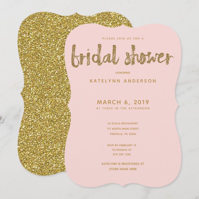 Gold Glitter Blush Pink Bridal Shower Invitation (Front/Back)