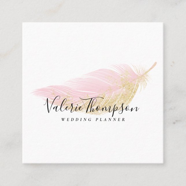 Gold glitter blush pink feather modern elegant square business card (Front)