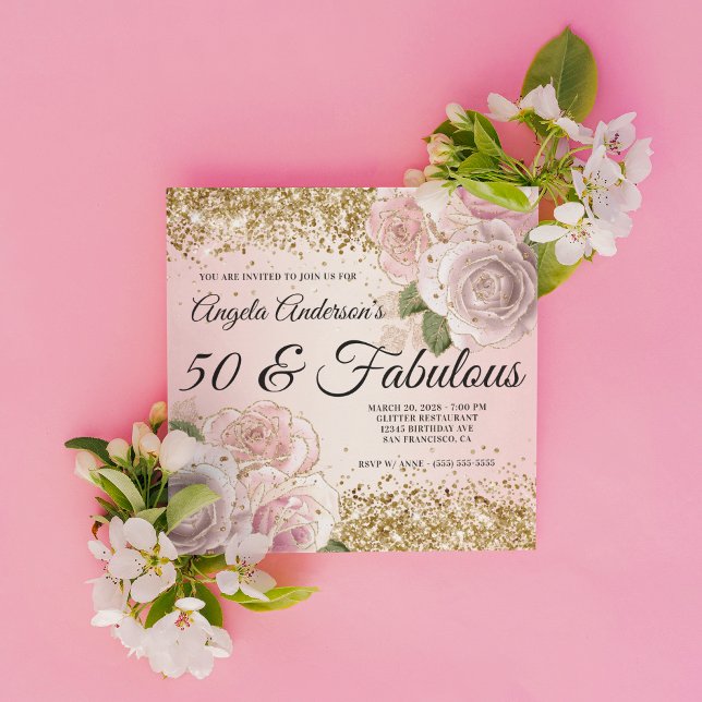 Gold Glitter Blush Pink Floral 50 & Fabulous Invitation (Create your own milestone birthday invitation for her.)