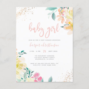 Gold Glitter Blush Pink Floral Girl Baby Shower Invitation Postcard