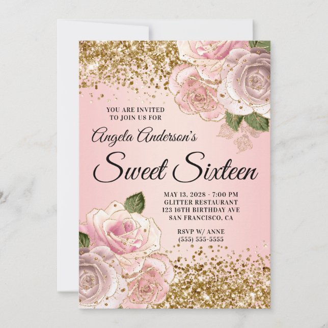 Gold Glitter Blush Pink Floral Glam Sweet Sixteen Invitation (Front)