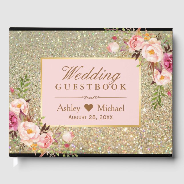 Gold Glitter Blush Pink Floral Wedding Guest Book (Front)