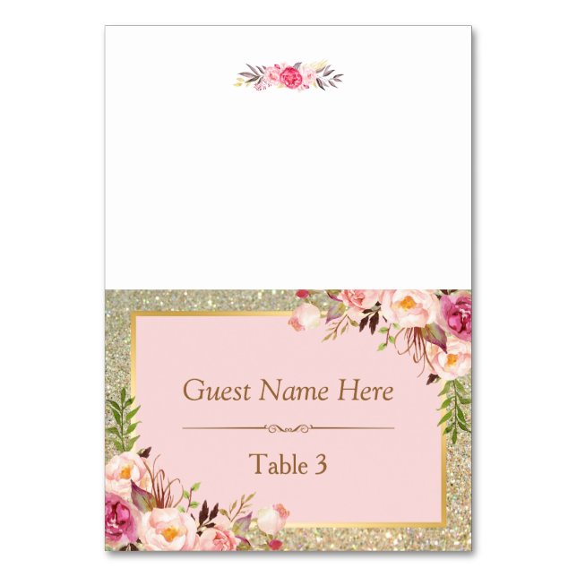Gold Glitter Blush Pink Floral Wedding Place Card (Front)