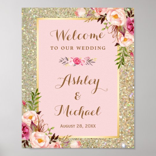 Gold Glitter Blush Pink Floral Wedding Sign