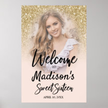 Gold Glitter & Blush Pink Sweet 16 Photo Poster