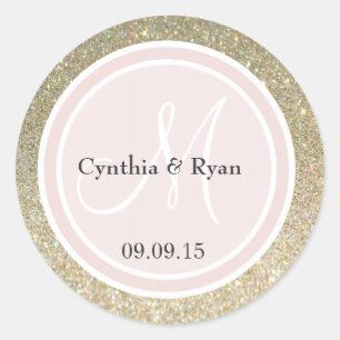 Gold Glitter & Blush Pink Wedding Monogram Classic Round Sticker