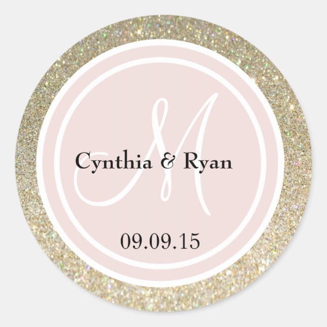 Gold Glitter & Blush Pink Wedding Monogram Classic Round Sticker (Front)