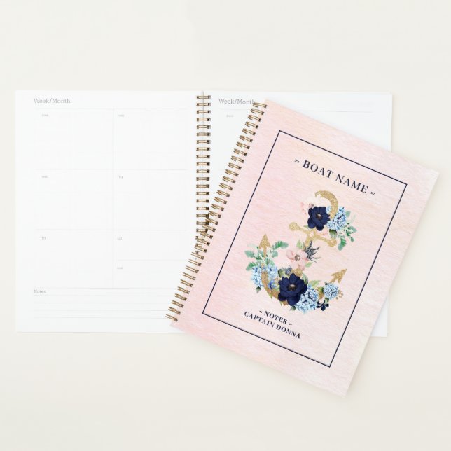 Gold glitter boat anchor & marine flowers planner (Display)