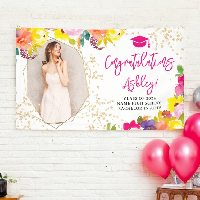Gold glitter boho bold floral graduation congrats banner (Gold glitter boho bold floral graduation congrats banner)