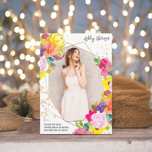 Gold glitter boho bold floral photo graduation announcement (Gold glitter boho bold floral photo graduation announcement)