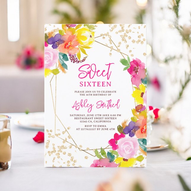 Gold glitter boho bold floral photo Sweet 16 Invitation (Gold glitter boho bold floral photo Sweet 16 Invitation)