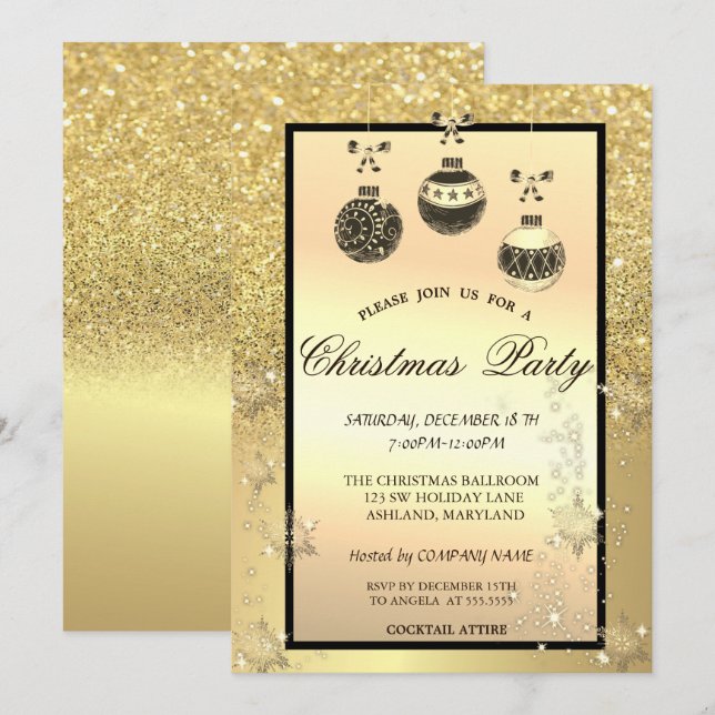 Gold Glitter Bokeh,Christmas Balls Company Party Invitation (Front/Back)