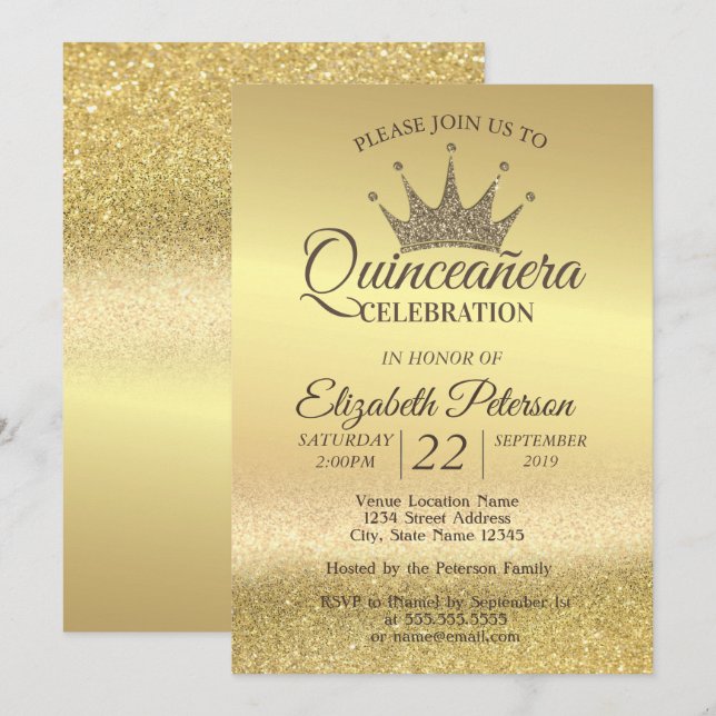 Gold Glitter Bokeh Ombre,Tiara,Quinceañera Party Invitation (Front/Back)