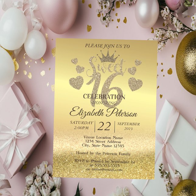 Gold Glitter Bokeh Ombre,Tiara,Sweet 16 Party Invitation (Creator Uploaded)