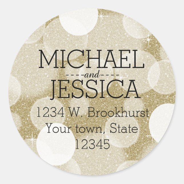 Gold Glitter Bokeh Personalised name and address Classic Round Sticker (Front)