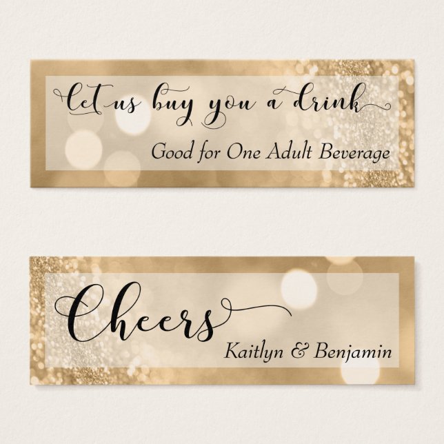 Gold Glitter Bokeh Script Mini Drink Ticket (Front & Back)
