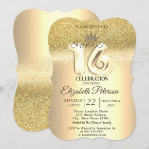 Gold Glitter Bokeh ,Tiara,Sweet 16 Party Invitation