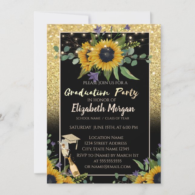 Gold Glitter Bokeh,Wine,Glass, Sunflowers  Invitation (Front)