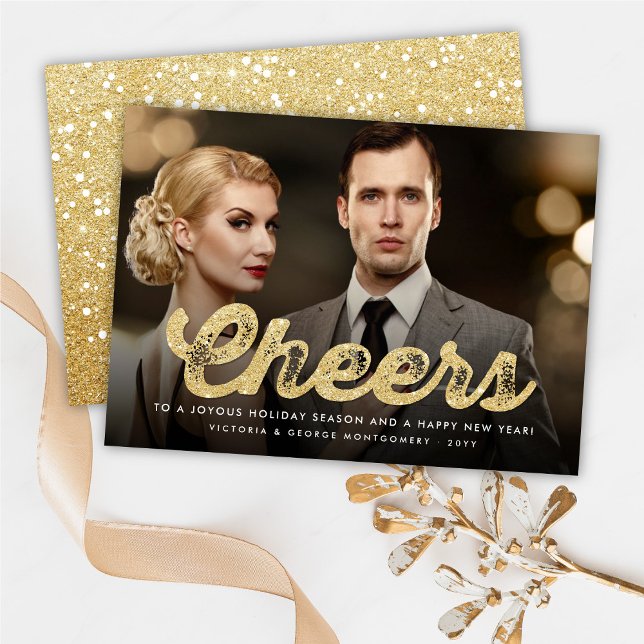 Gold Glitter Bold Cheers Modern New Year Photo Holiday Card (Creator Uploaded)
