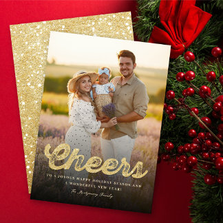 Gold Glitter Bold Cheers Stylish New Year Photo Holiday Card