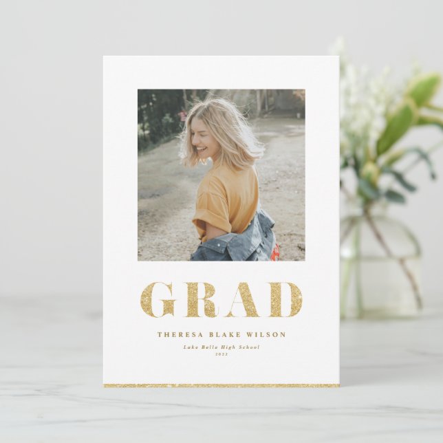 Gold Glitter Bold GRAD Typography Graduation Photo Announcement (Standing Front)