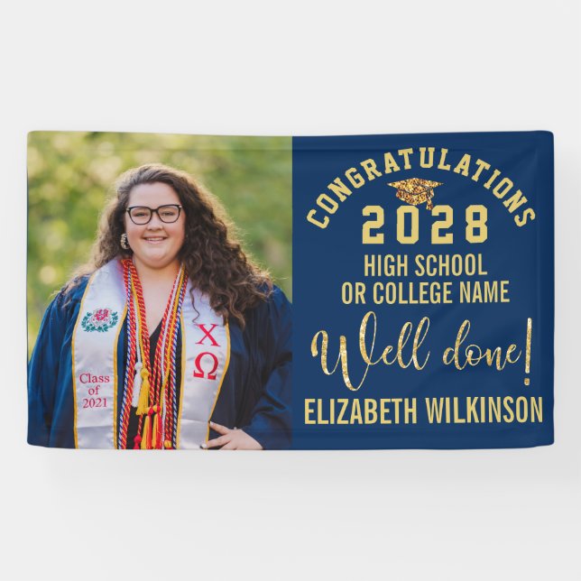 Gold Glitter Bold Script Custom Photo Graduation Banner (Horizontal)