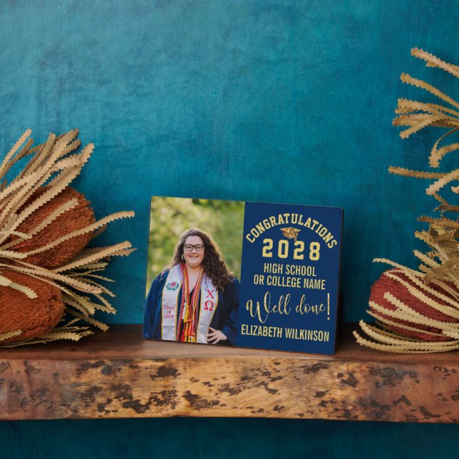 Gold Glitter Bold Script Custom Photo Graduation Plaque (Side)