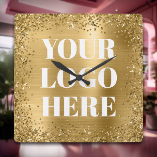 Gold Glitter Border and Foil Logo Square Wall Clock