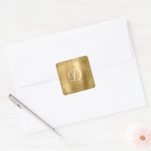 Gold Glitter Border and Foil Monogram Square Sticker