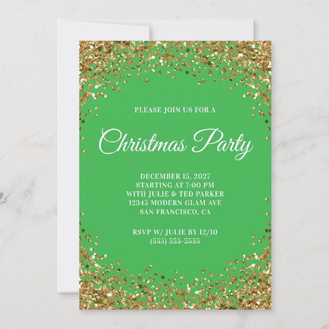 Gold Glitter Border Green Christmas Party Invitation (Front)