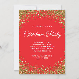 Gold Glitter Border Red Christmas Party Invitation
