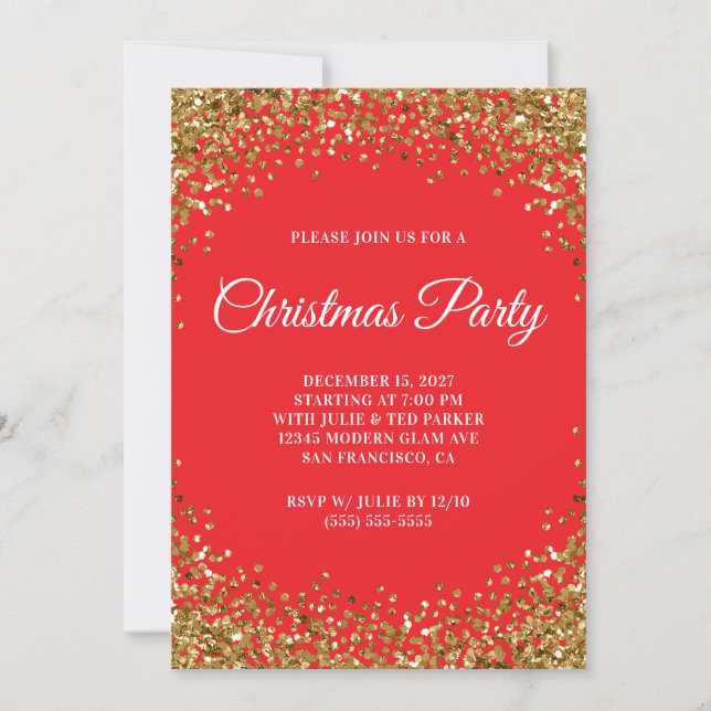 Gold Glitter Border Red Christmas Party Invitation (Front)