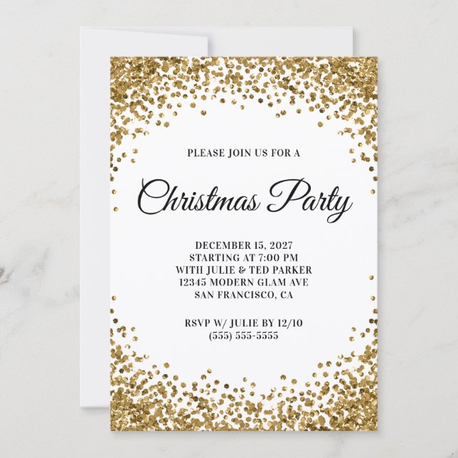 Gold Glitter Border White Christmas Party Invitation (Front)
