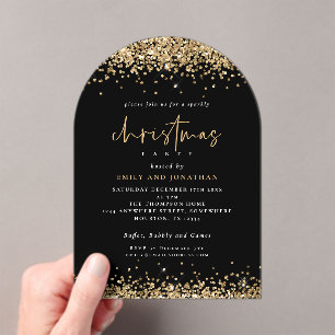 Gold Glitter Borders Christmas Party Black Acrylic Invitations