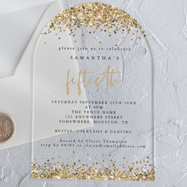 Gold Glitter Borders Fiftieth Birthday Party Acrylic Invitations (Creator Uploaded)