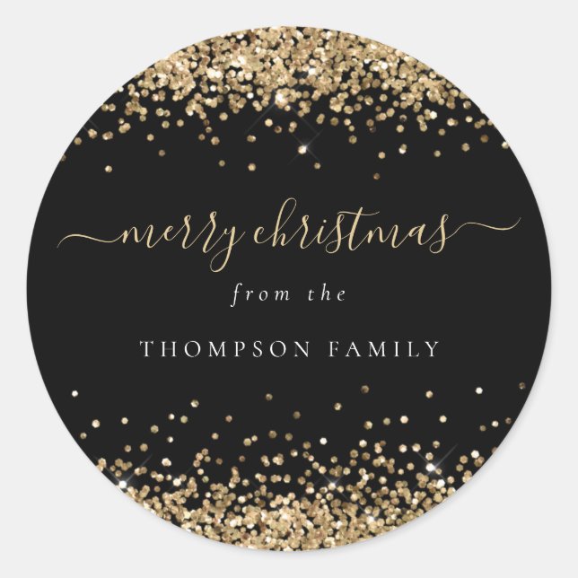 Gold Glitter Borders Name Merry Christmas Black Classic Round Sticker (Front)