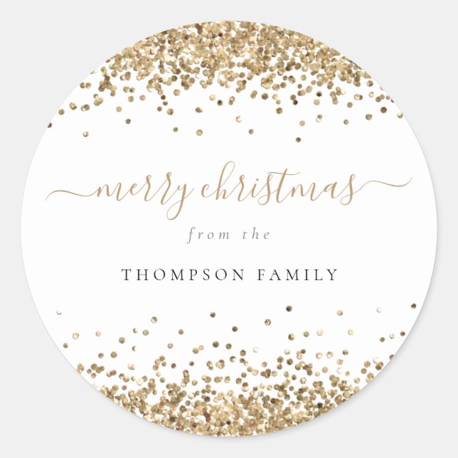 Gold Glitter Borders Name Merry Christmas Classic Round Sticker (Front)
