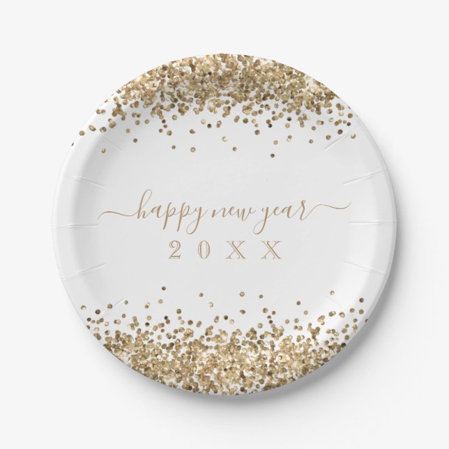 Gold Glitter Borders Script Happy New Year Paper Plate (Front)