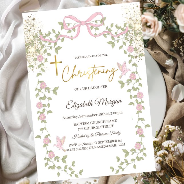  Gold Glitter Bow Wildflowers Gold Cross Baptism Invitation (Creator Uploaded)