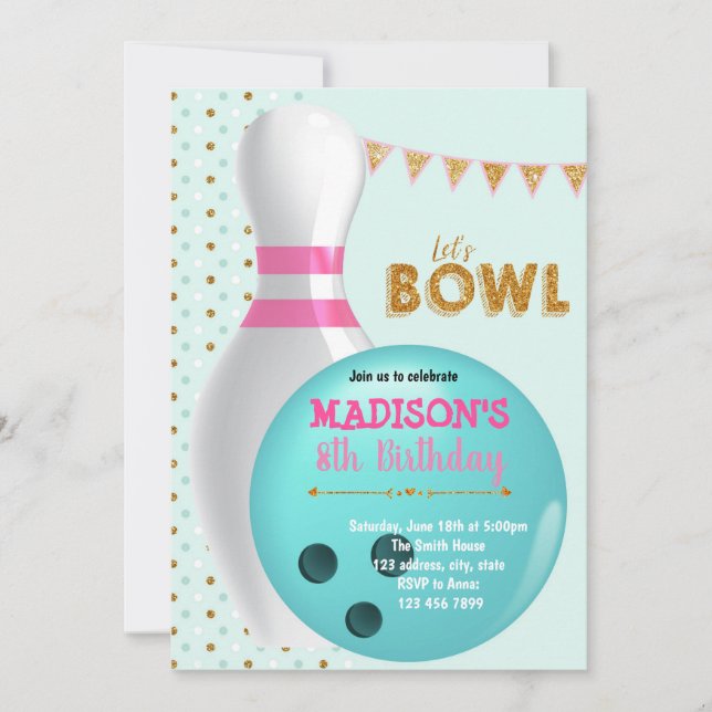 Gold glitter bowling party invitation (Front)