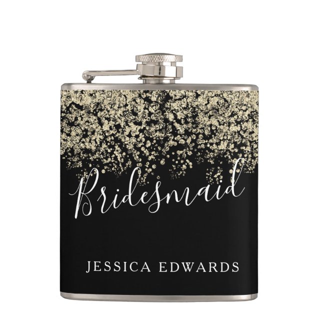 Gold Glitter Bridal Party Bridesmaid Wedding Gift Hip Flask (Front)