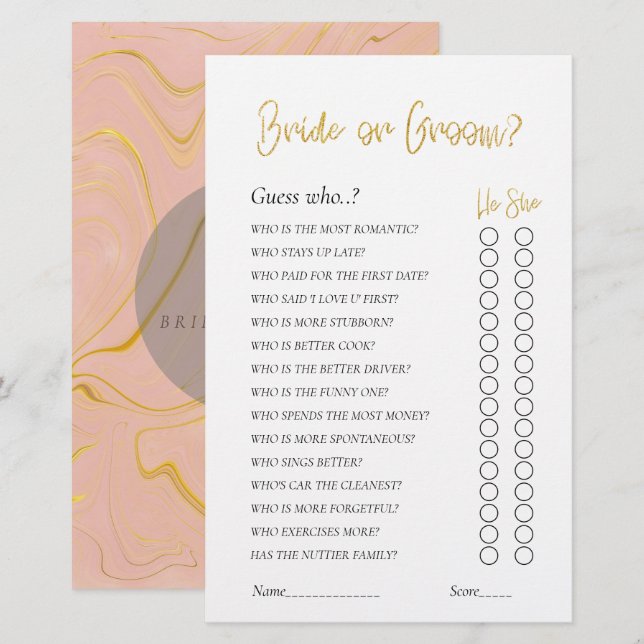 Gold Glitter Bridal Shower game Bride or Groom (Front/Back)